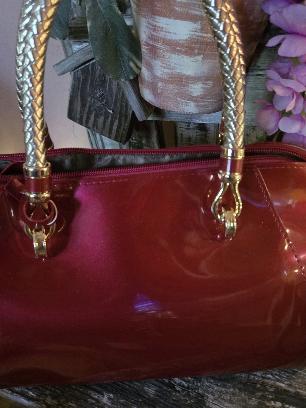 Glossy Red Patent Satchel with Gold Handles